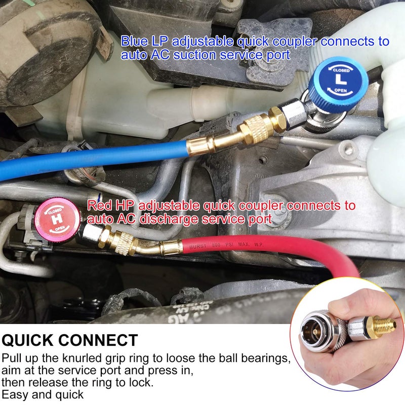 JIFETOR 4 Way AC Manifold Gauge Set, HVAC Diagnostic Refrigerant Charging Tool for Auto Household R404A R134A R410A, with 5FT Hose, Adjustable Quick Coupler, Adjustable Can Tap, Tank Adapters - Image 3
